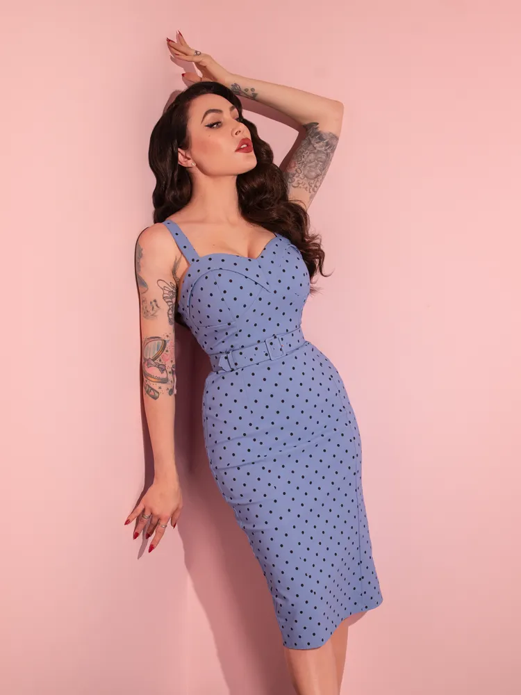COMING BACK SOON - Maneater Wiggle Dress in Sunset Blue Polka Dot - Vixen by Micheline Pitt