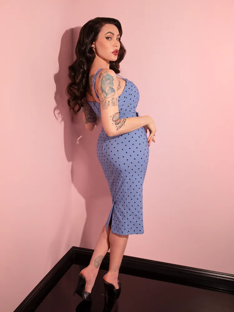COMING BACK SOON - Maneater Wiggle Dress in Sunset Blue Polka Dot - Vixen by Micheline Pitt