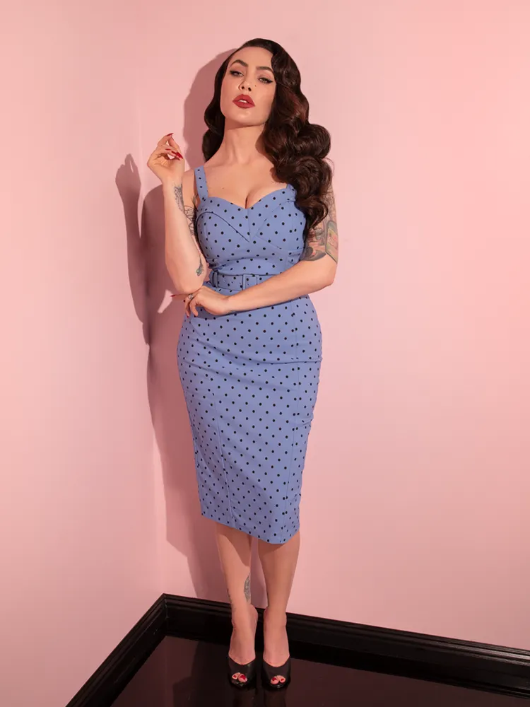 COMING BACK SOON - Maneater Wiggle Dress in Sunset Blue Polka Dot - Vixen by Micheline Pitt