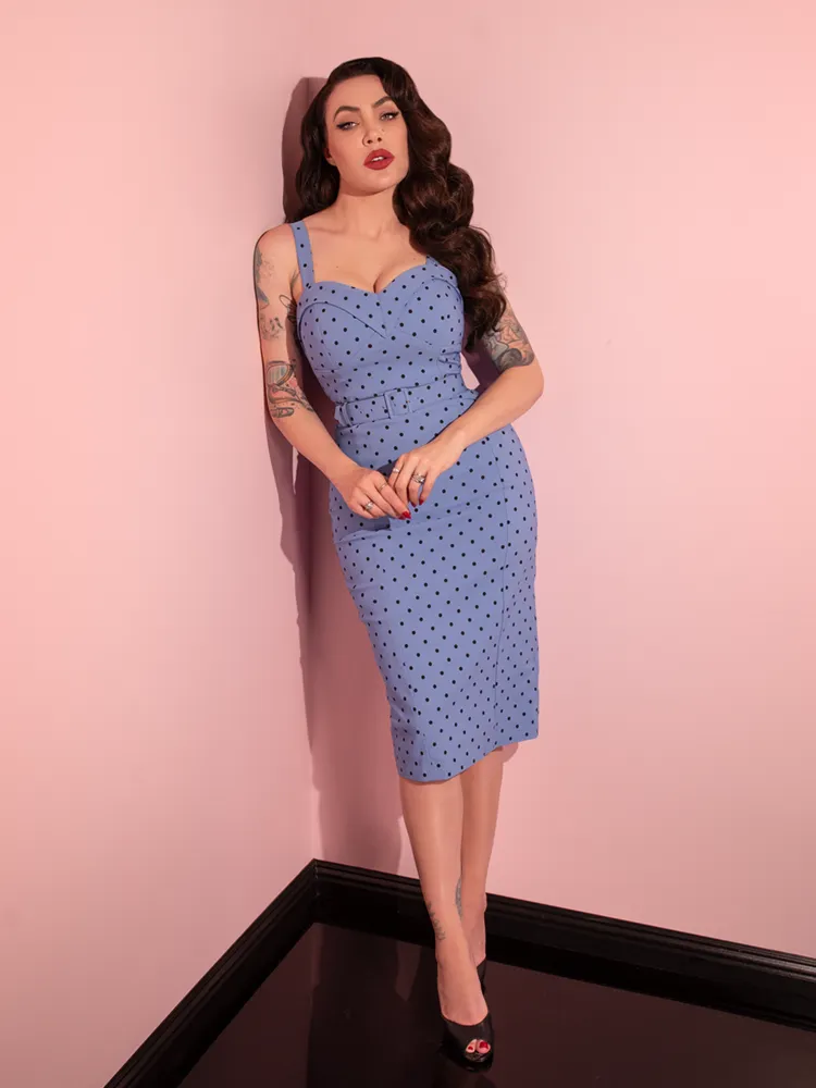 COMING BACK SOON - Maneater Wiggle Dress in Sunset Blue Polka Dot - Vixen by Micheline Pitt