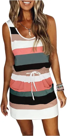 ETCYY NEW Womens Summer Striped Dresses Casual Sleeveless T Shirt Dress Drawstring Waist Sundress with Pockets