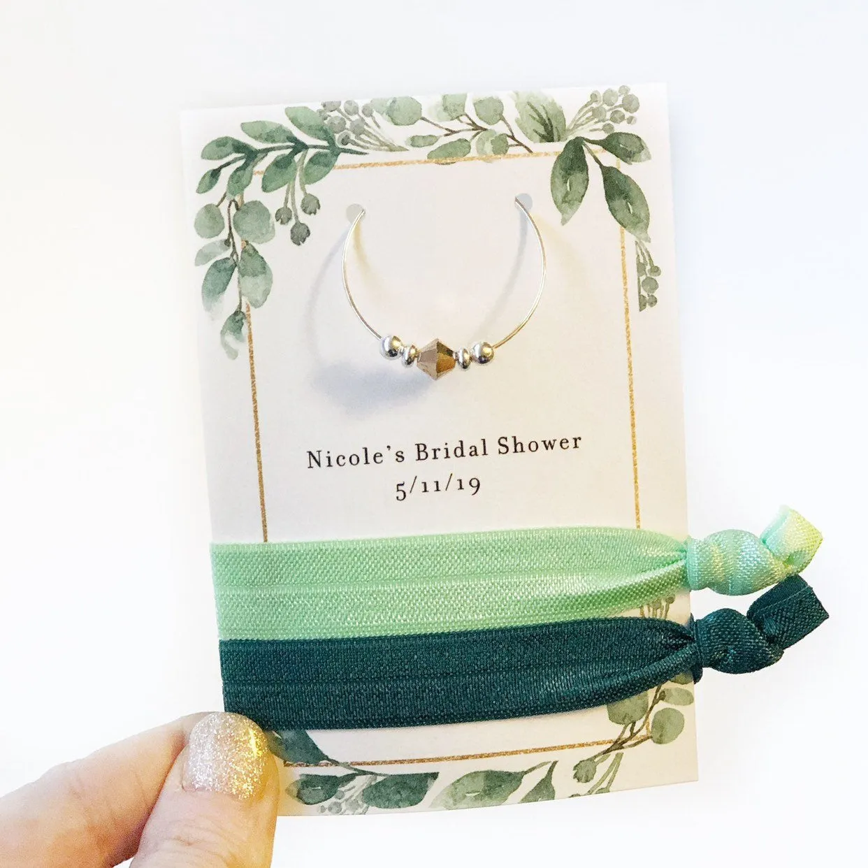 Greenery Bridal Shower Favors, Swarovski Wine Charm and Hair Ties -  GFRG100