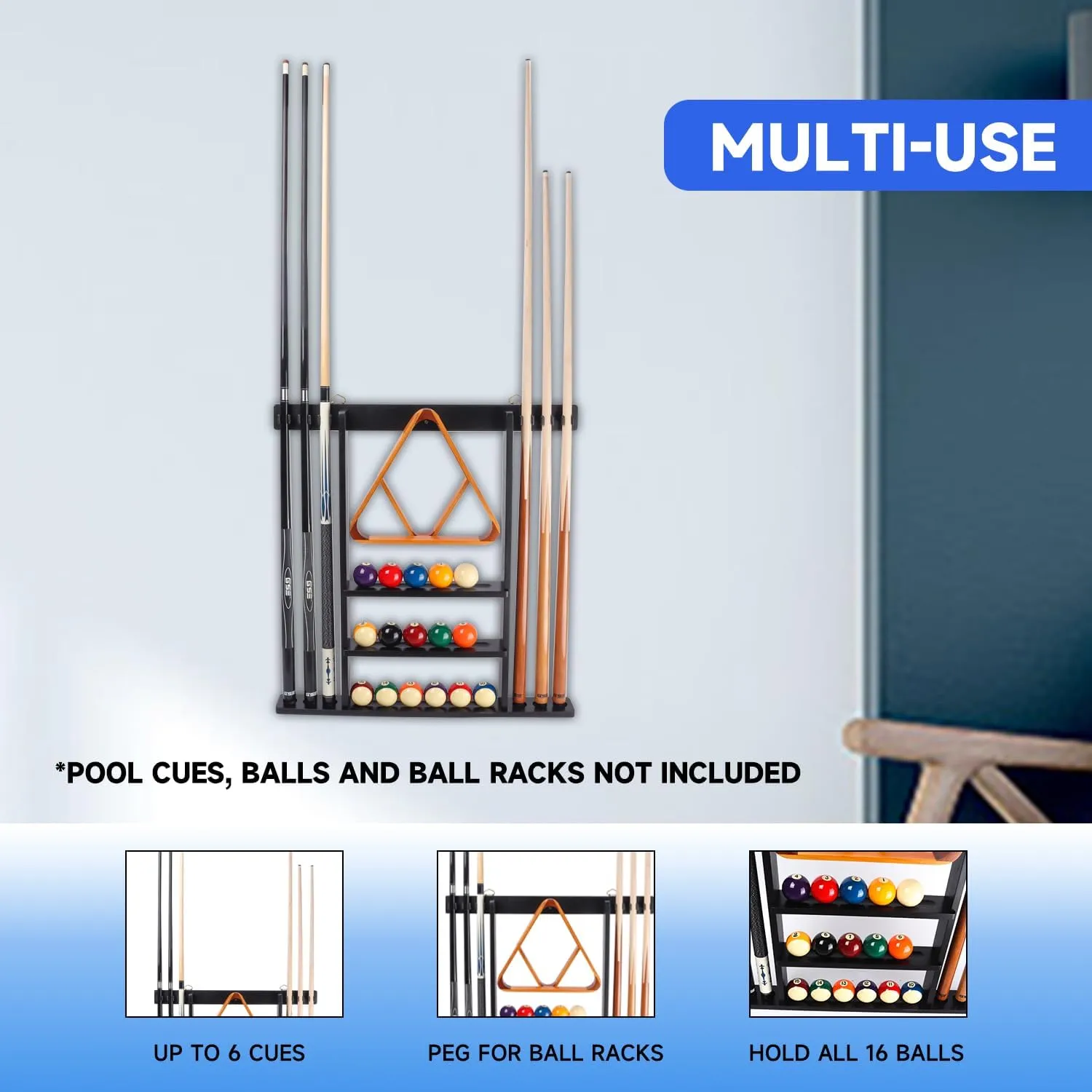GSE Games & Sports Expert Wall Mount Rack with Score Counter Only, Hanging Wall Mounting Rack Holds 6/8 Cue Sticks, 2 Ball Racks and Full Set of Balls