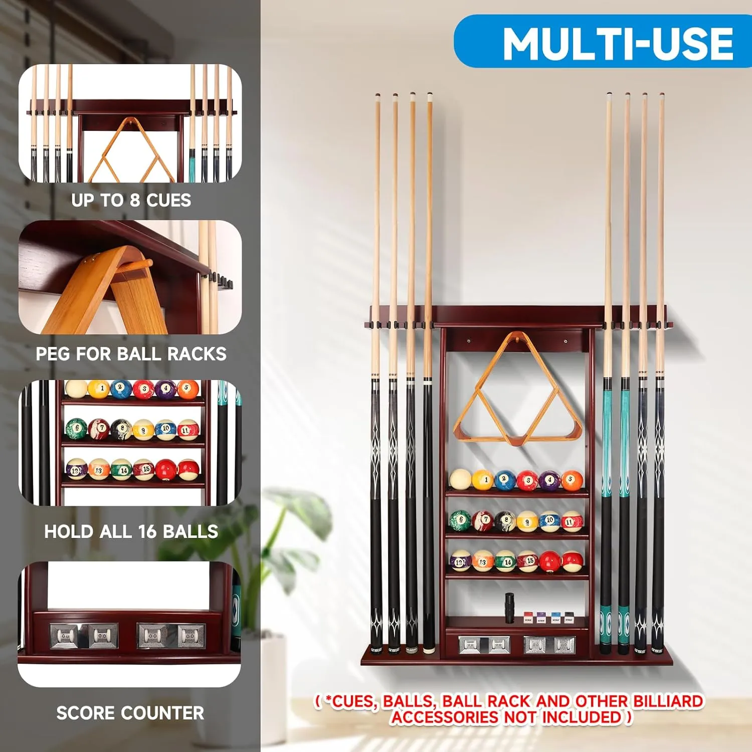 GSE Games & Sports Expert Wall Mount Rack with Score Counter Only, Hanging Wall Mounting Rack Holds 6/8 Cue Sticks, 2 Ball Racks and Full Set of Balls