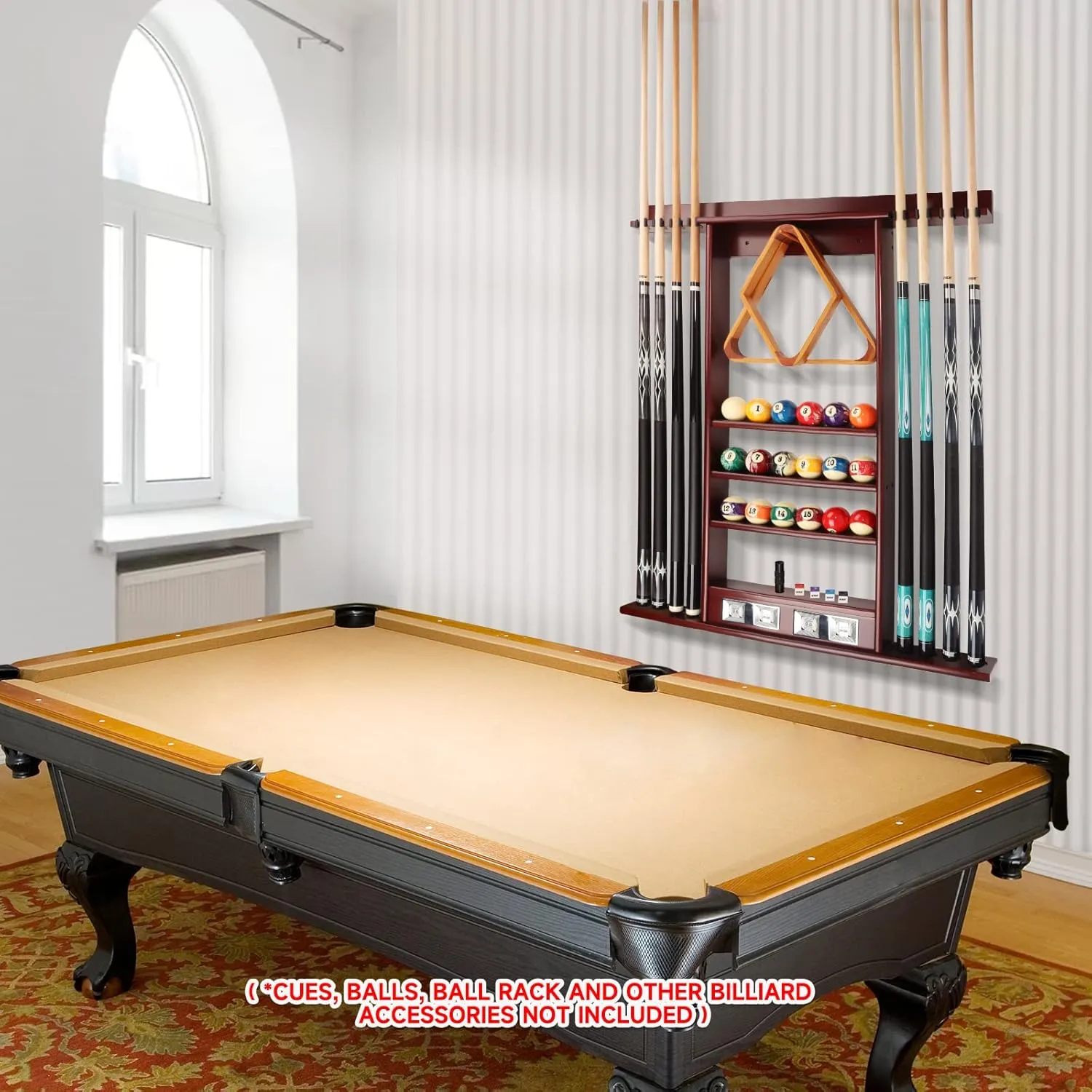 GSE Games & Sports Expert Wall Mount Rack with Score Counter Only, Hanging Wall Mounting Rack Holds 6/8 Cue Sticks, 2 Ball Racks and Full Set of Balls