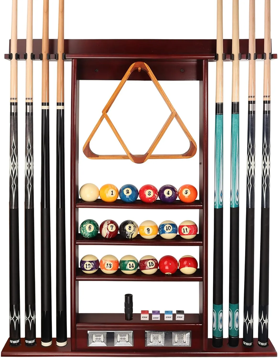 GSE Games & Sports Expert Wall Mount Rack with Score Counter Only, Hanging Wall Mounting Rack Holds 6/8 Cue Sticks, 2 Ball Racks and Full Set of Balls