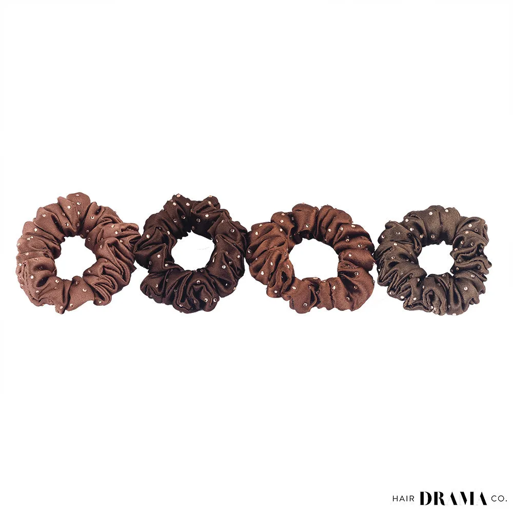 Hair Drama Co Luxury Scrunchies Set of 5 with Free Pouch- Brown Crystal Gift Set