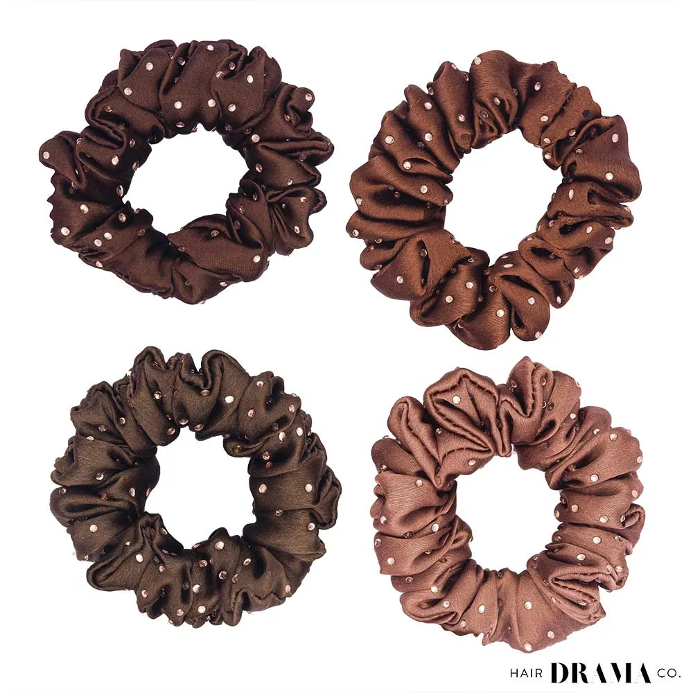 Hair Drama Co Luxury Scrunchies Set of 5 with Free Pouch- Brown Crystal Gift Set