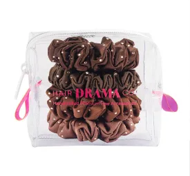 Hair Drama Co Luxury Scrunchies Set of 5 with Free Pouch- Brown Crystal Gift Set
