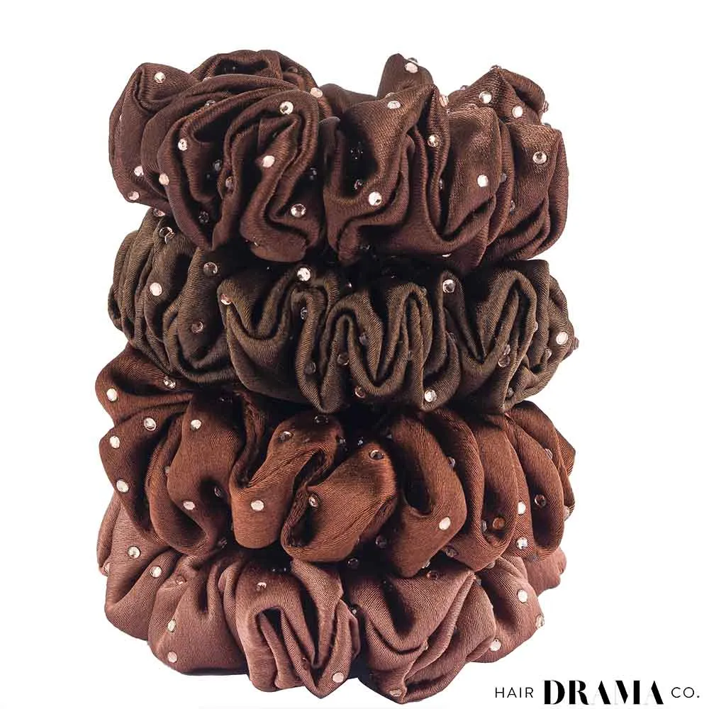 Hair Drama Co Luxury Scrunchies Set of 5 with Free Pouch- Brown Crystal Gift Set