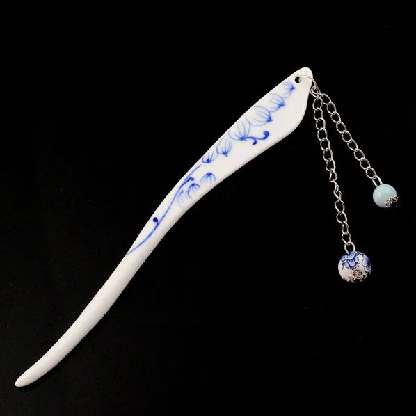 Handmade Porcelain China Freeform Hair Stick Blue Leaves