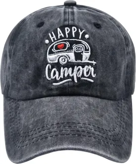 Happy Camper Embroidered Baseball Cap, Washed Adjustable Dad Hat for Men Women