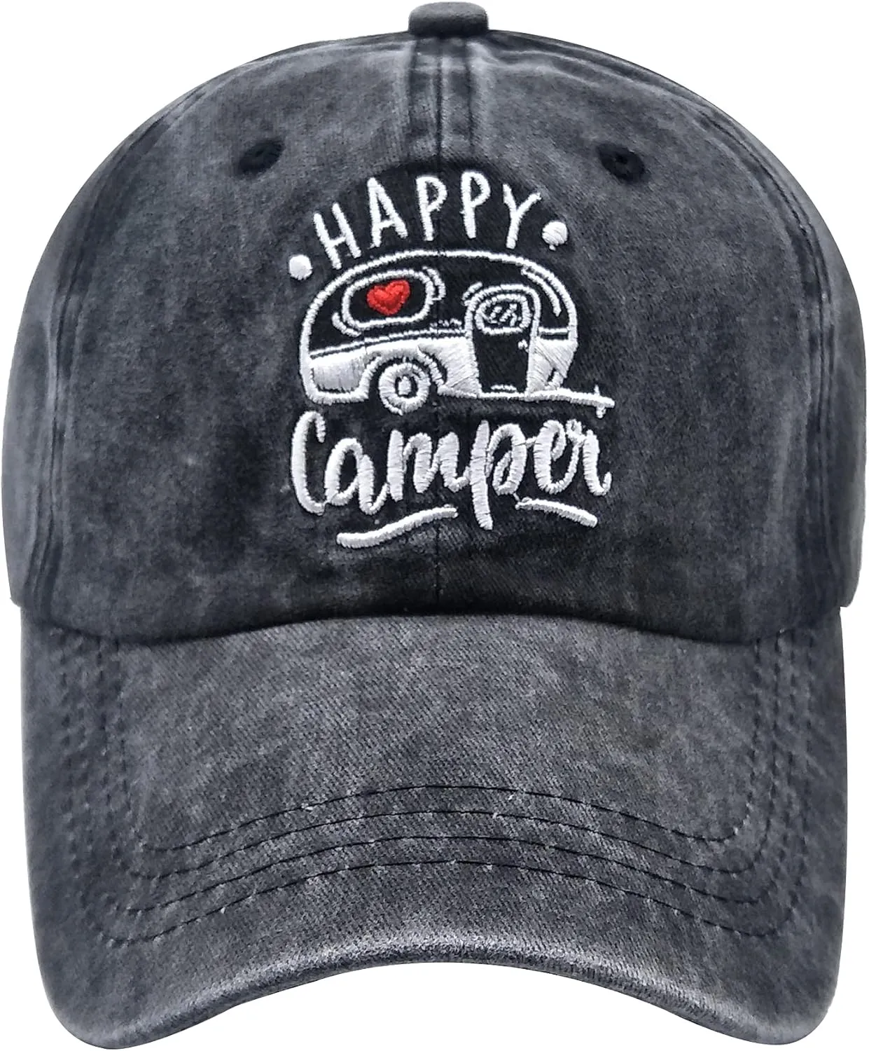 Happy Camper Embroidered Baseball Cap, Washed Adjustable Dad Hat for Men Women