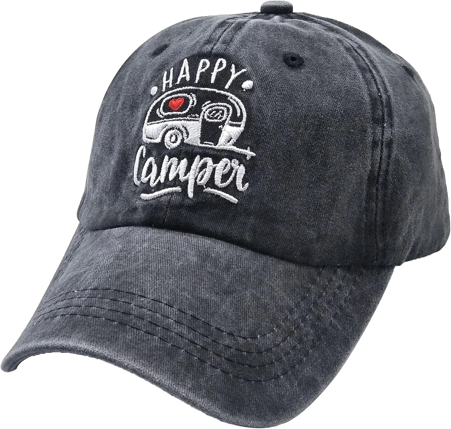 Happy Camper Embroidered Baseball Cap, Washed Adjustable Dad Hat for Men Women