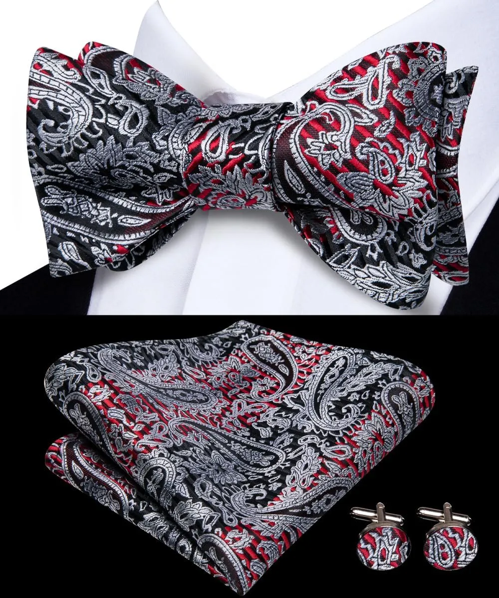 Hi-Tie Silk Self Tie Bow Ties for Men Adjustable Men's Bowtie Handkerchief Pocket Square Cufflinks Set