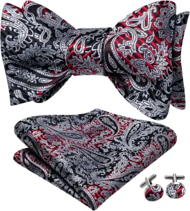 Hi-Tie Silk Self Tie Bow Ties for Men Adjustable Men's Bowtie Handkerchief Pocket Square Cufflinks Set