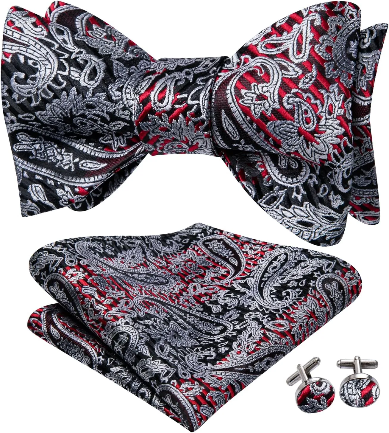 Hi-Tie Silk Self Tie Bow Ties for Men Adjustable Men's Bowtie Handkerchief Pocket Square Cufflinks Set