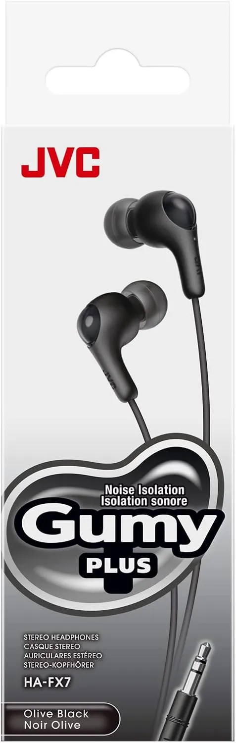 JVC Gumy in Ear Earbud Headphones with Paper Package, Powerful Sound, Comfortable and Secure Fit, Silicone Ear Pieces S/M/L - HAFX7BN (Black)