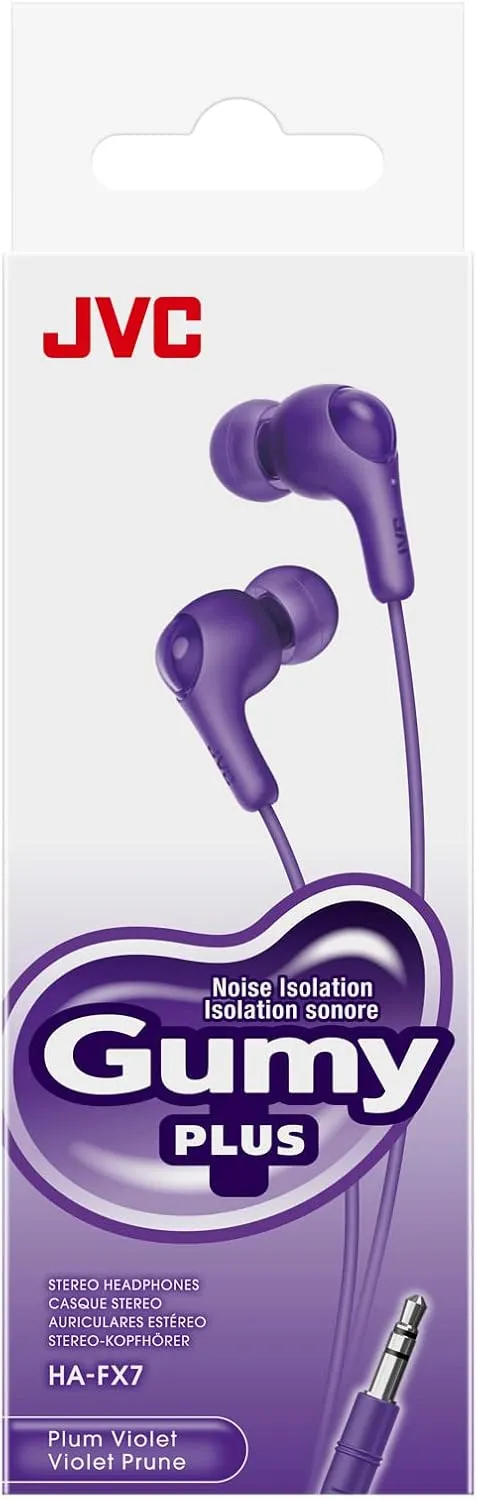 JVC Gumy in Ear Earbud Headphones with Paper Package, Powerful Sound, Comfortable and Secure Fit, Silicone Ear Pieces S/M/L - HAFX7VN (Violet)