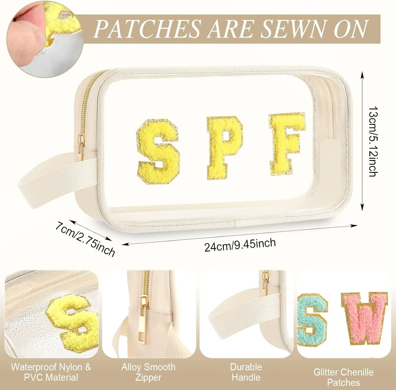 Kacctyen Clear Beach Swim Spf Makeup Bag Preppy Chenille Letter Cosmetics Bag Nylon Toiletry Bag Waterproof Monogram Makeup Travel Pouch Snack Bags for Women(White,Spf)