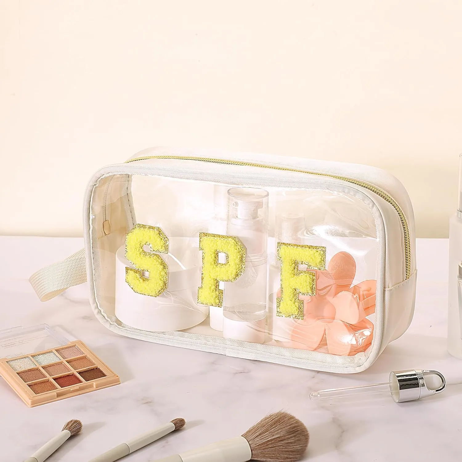 Kacctyen Clear Beach Swim Spf Makeup Bag Preppy Chenille Letter Cosmetics Bag Nylon Toiletry Bag Waterproof Monogram Makeup Travel Pouch Snack Bags for Women(White,Spf)