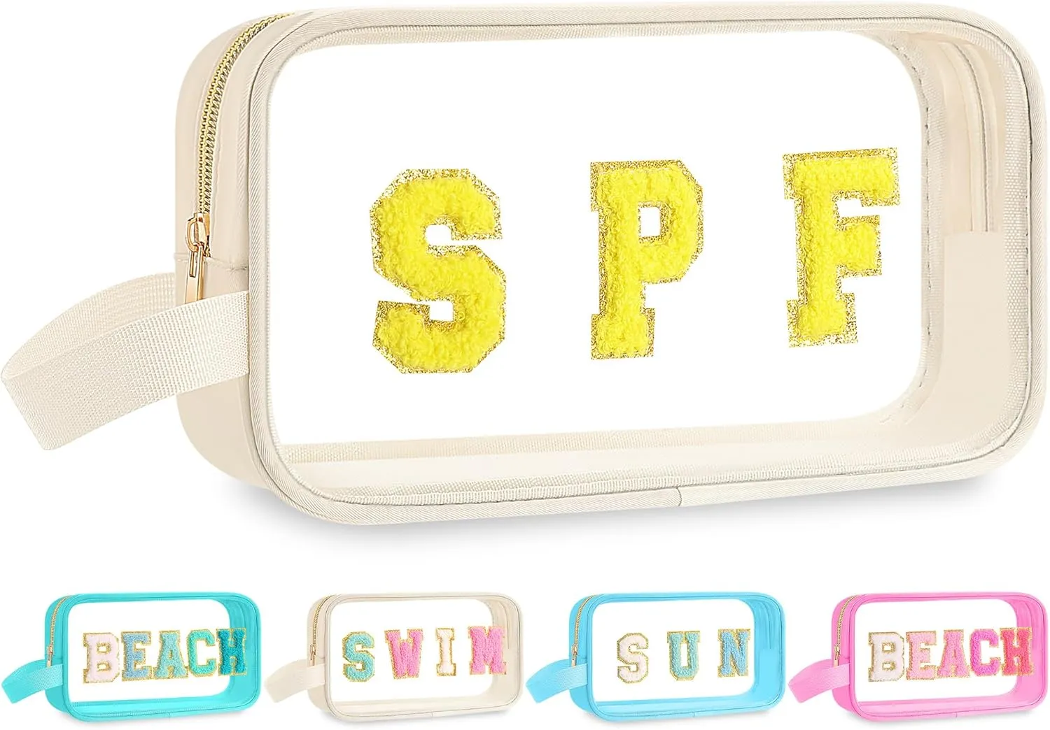 Kacctyen Clear Beach Swim Spf Makeup Bag Preppy Chenille Letter Cosmetics Bag Nylon Toiletry Bag Waterproof Monogram Makeup Travel Pouch Snack Bags for Women(White,Spf)