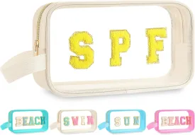 Kacctyen Clear Beach Swim Spf Makeup Bag Preppy Chenille Letter Cosmetics Bag Nylon Toiletry Bag Waterproof Monogram Makeup Travel Pouch Snack Bags for Women(White,Spf)