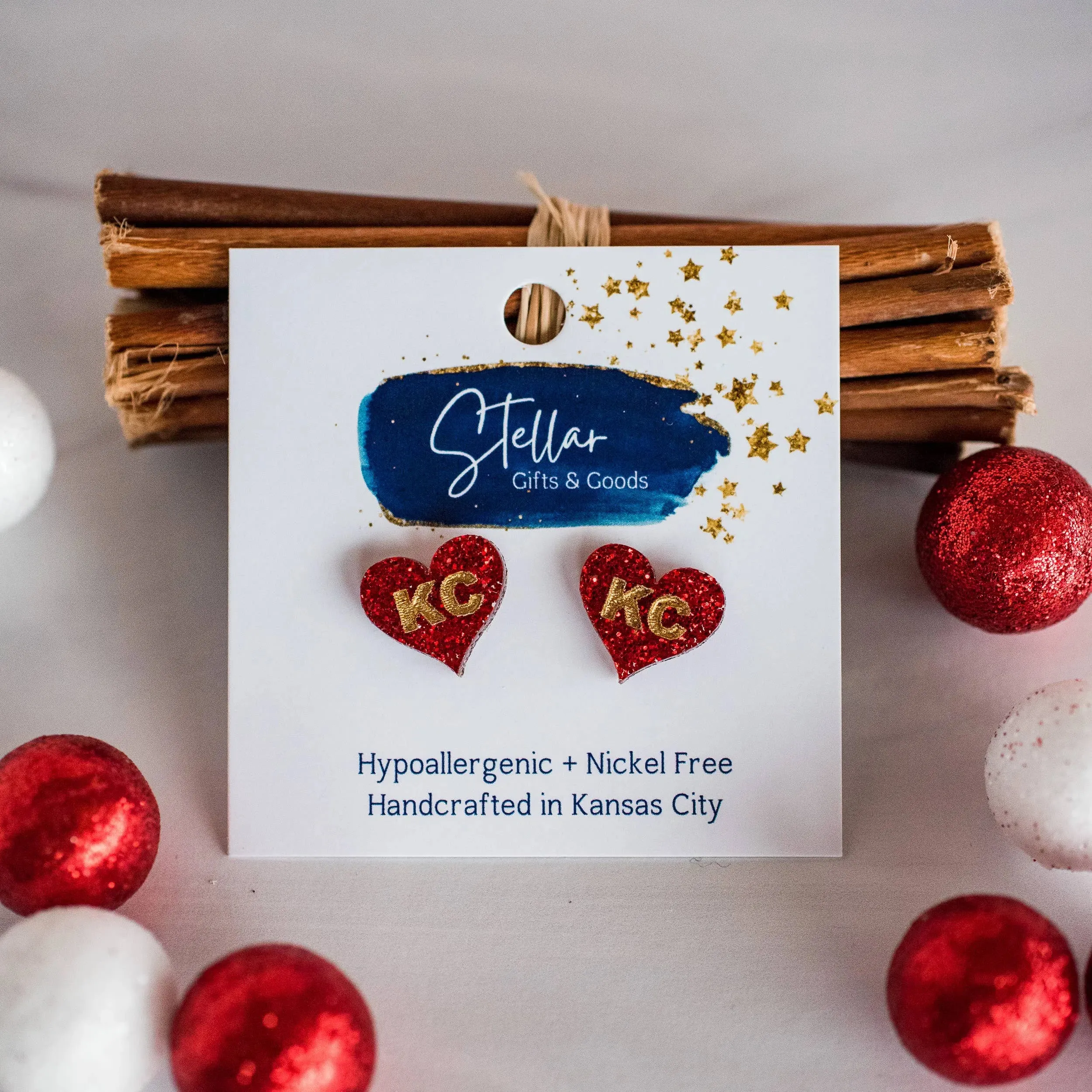Kansas City Chiefs Football Hand Painted Red Glitter KC Heart Studs