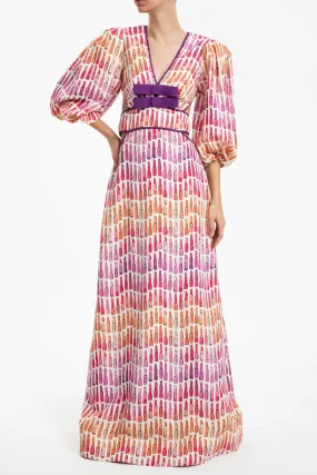 Lipstick Puff-Sleeved Long Dress With Bows