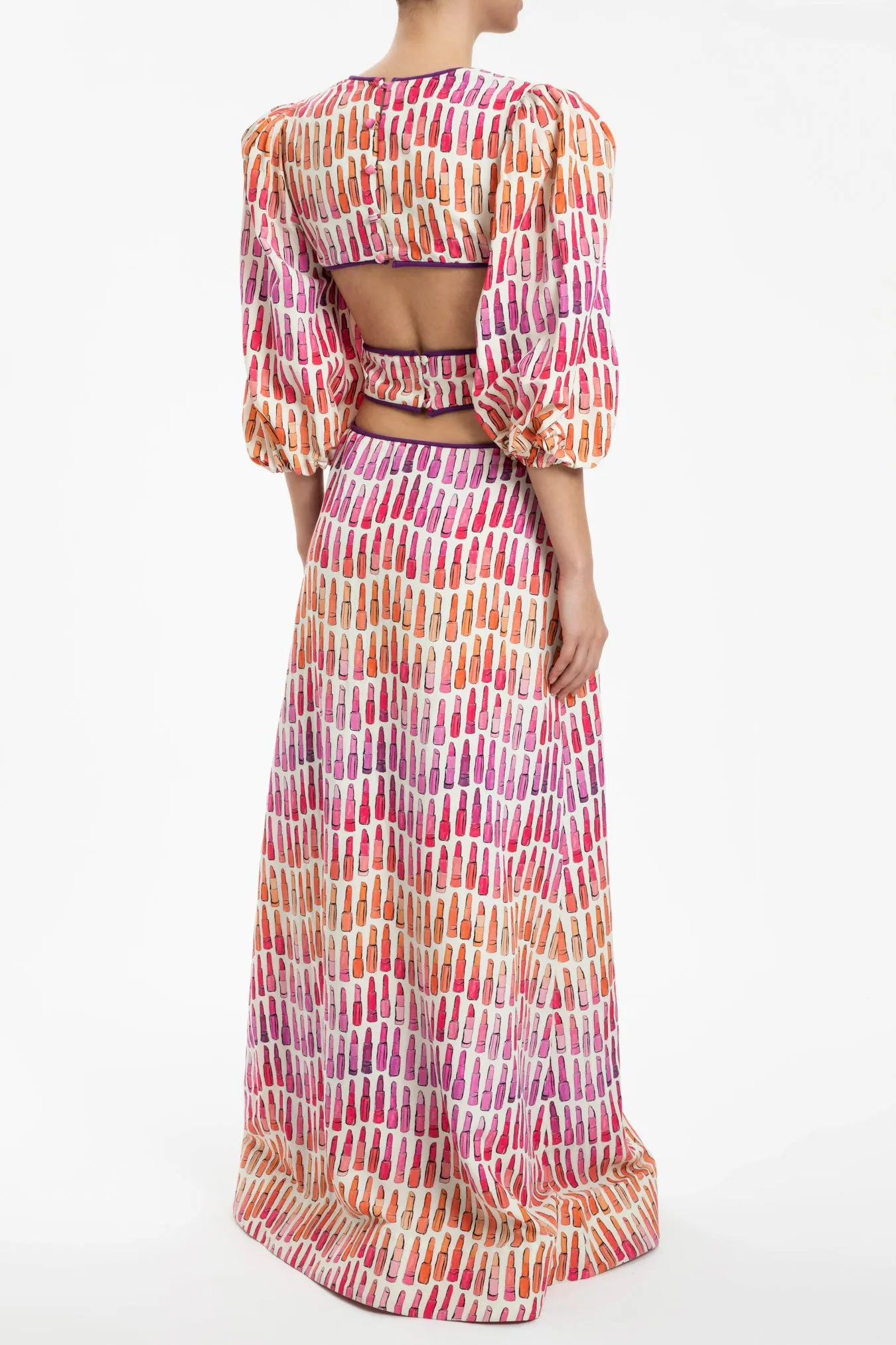 Lipstick Puff-Sleeved Long Dress With Bows