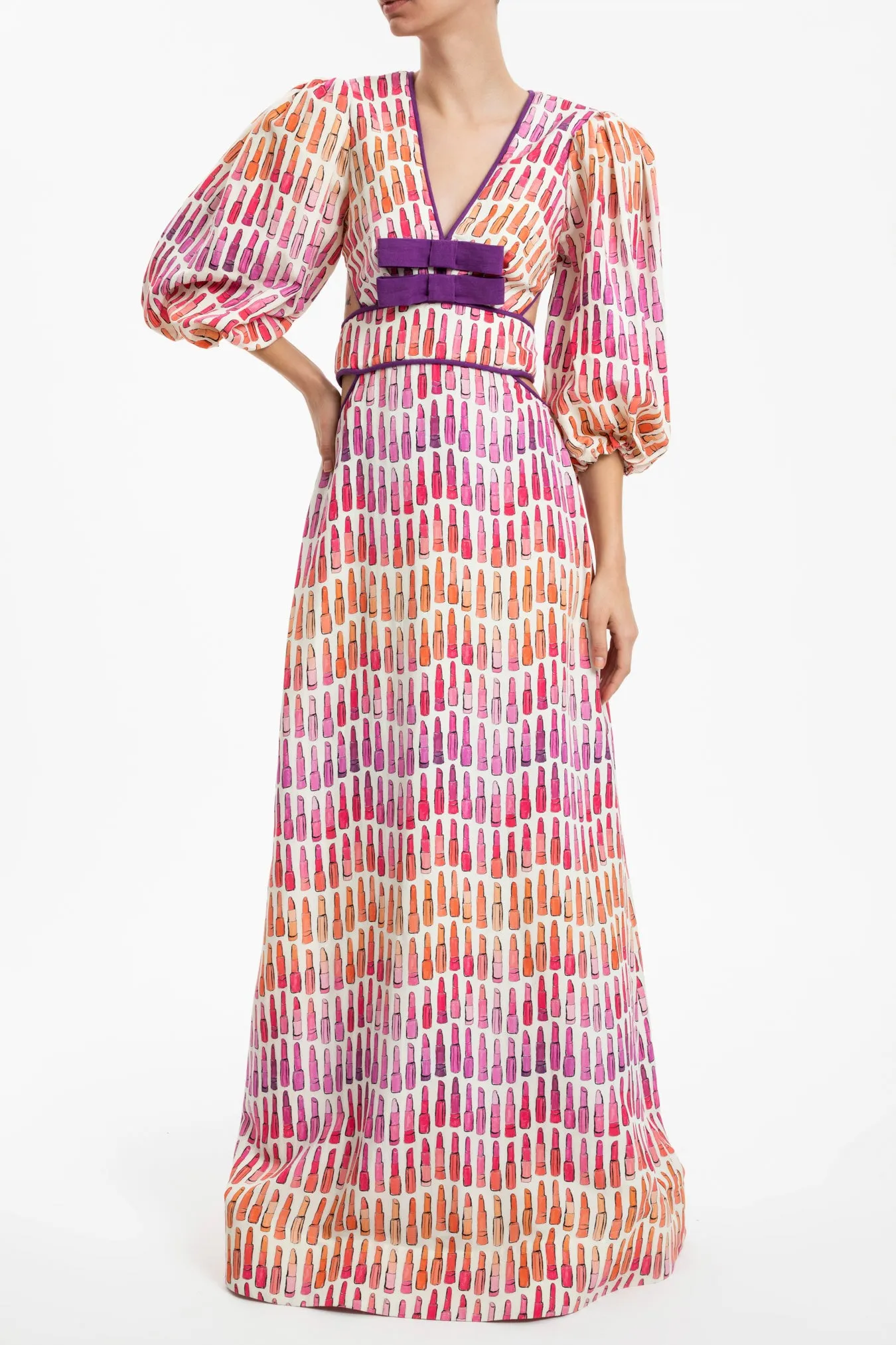 Lipstick Puff-Sleeved Long Dress With Bows