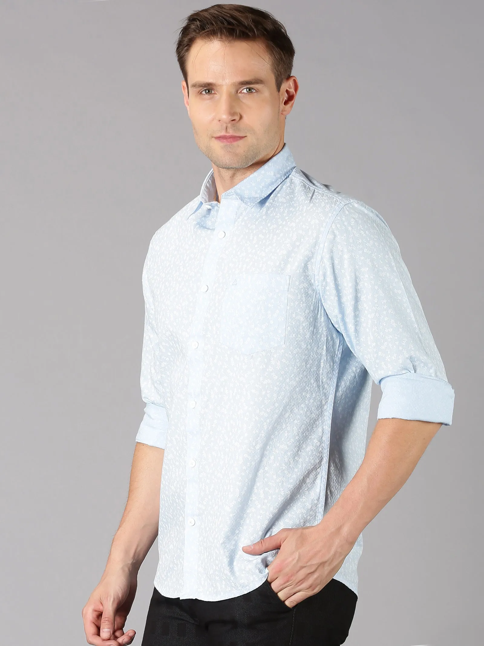 MEN'S BLUE DOBBY PRINT SLIM FIT SHIRT