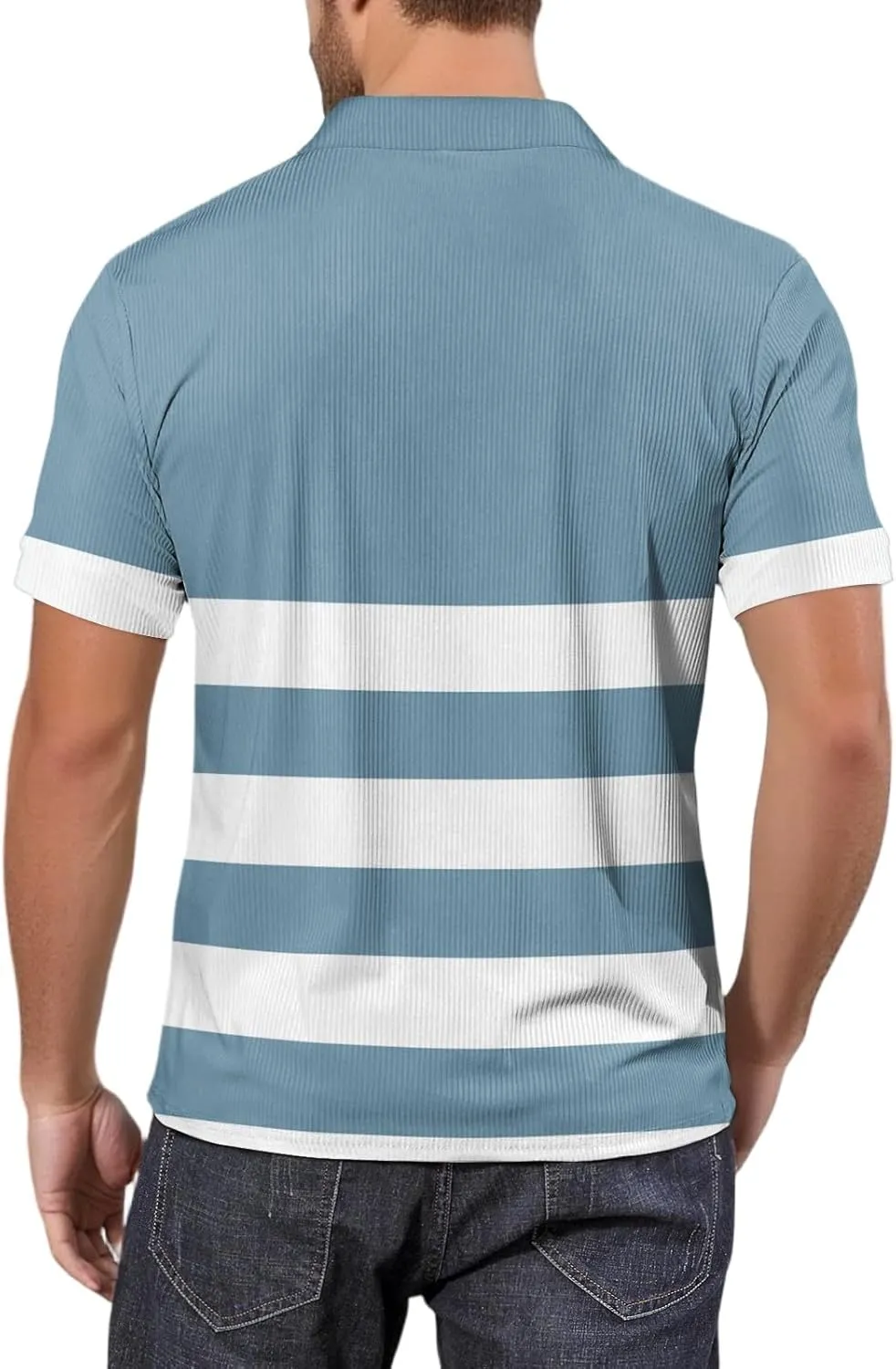 Men's Polo Shirts Short Sleeve V Neck Vintage Striped Casual Golf Polo Classic Collared T Shirts