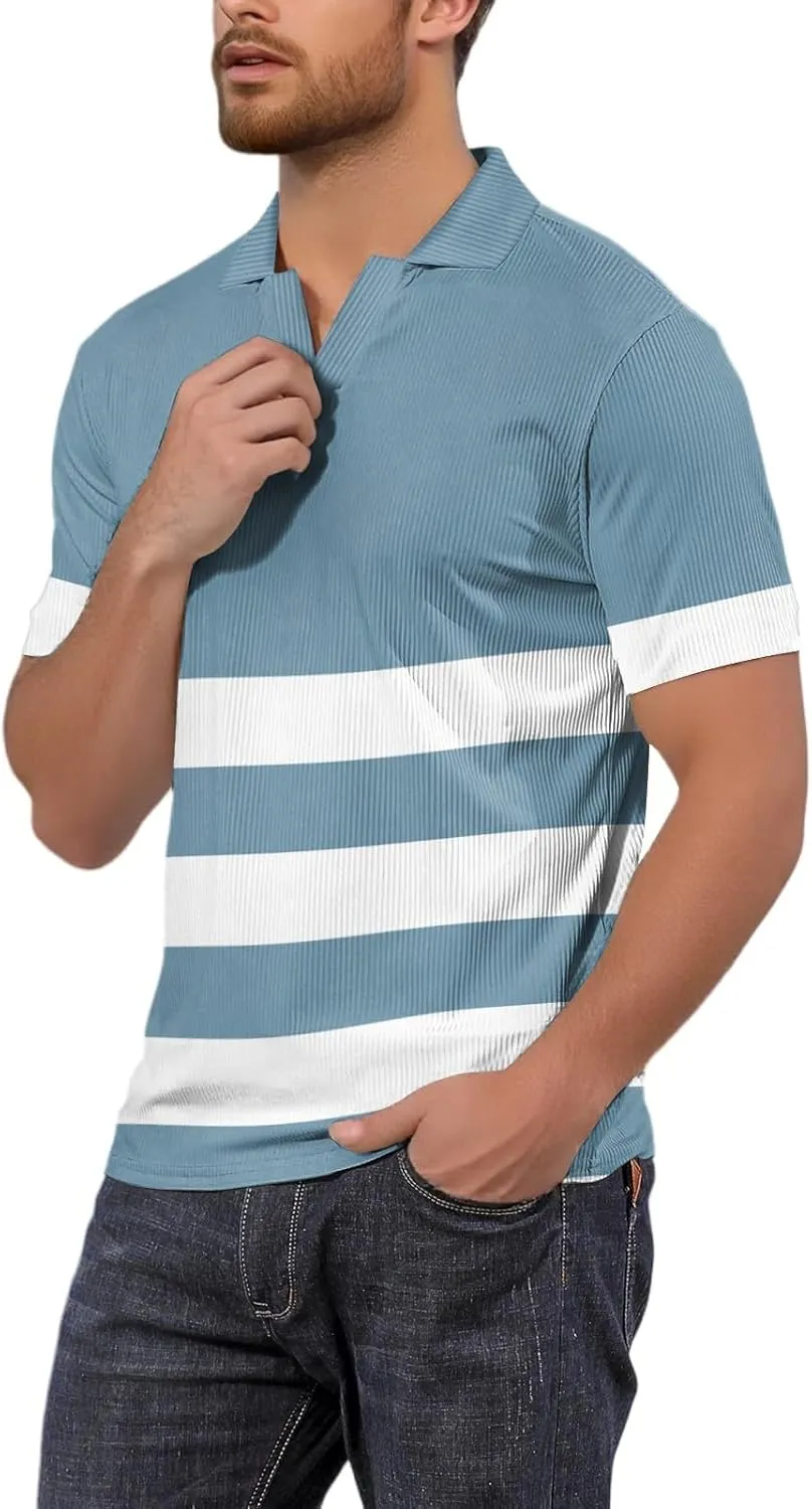 Men's Polo Shirts Short Sleeve V Neck Vintage Striped Casual Golf Polo Classic Collared T Shirts