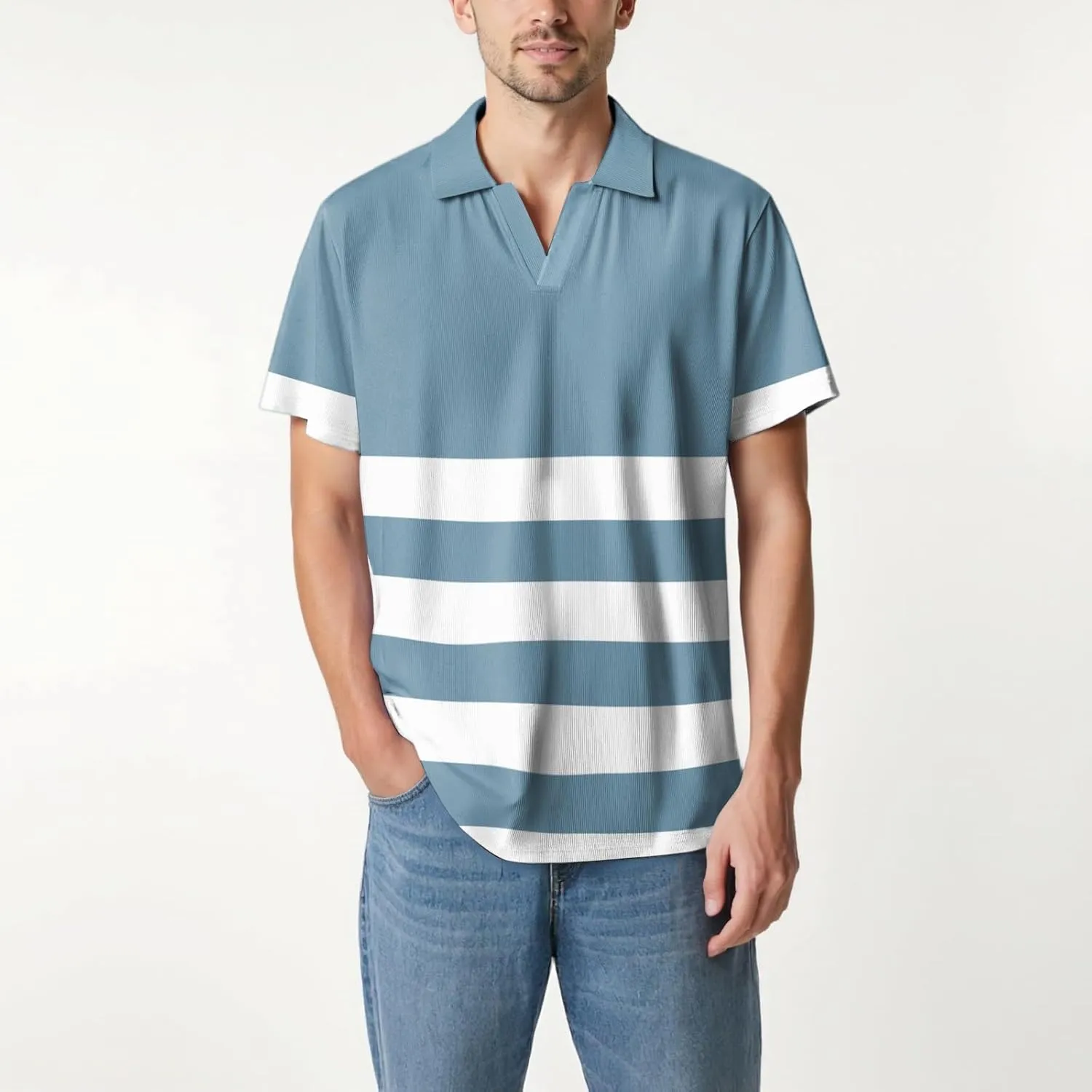 Men's Polo Shirts Short Sleeve V Neck Vintage Striped Casual Golf Polo Classic Collared T Shirts