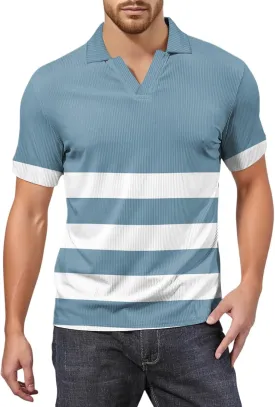 Men's Polo Shirts Short Sleeve V Neck Vintage Striped Casual Golf Polo Classic Collared T Shirts