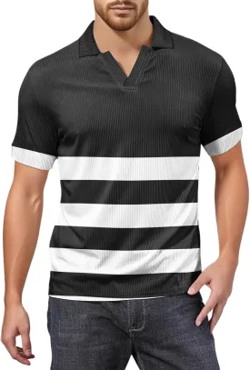 Men's Polo Shirts Short Sleeve V Neck Vintage Striped Casual Golf Polo Classic Collared T Shirts