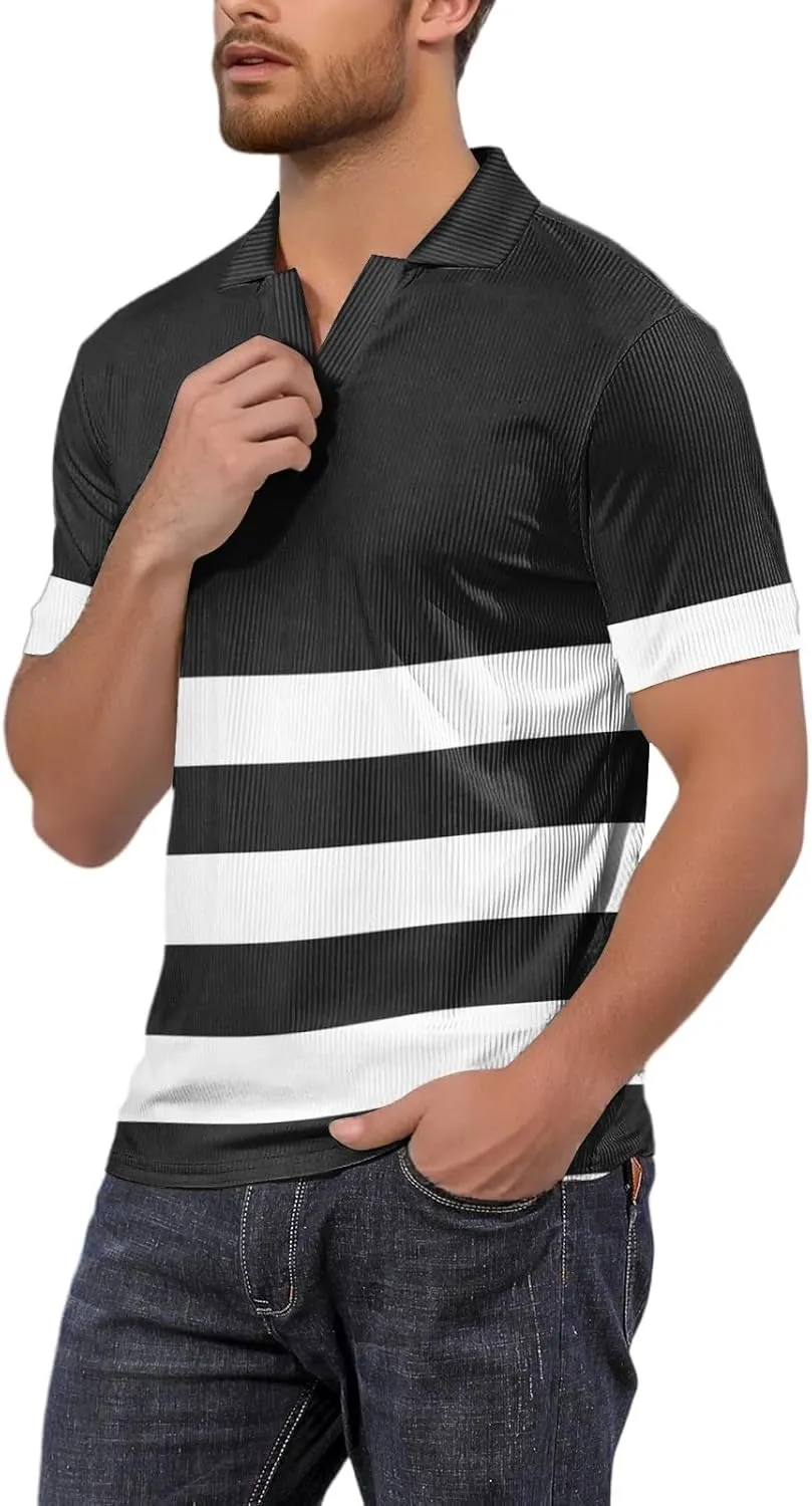 Men's Polo Shirts Short Sleeve V Neck Vintage Striped Casual Golf Polo Classic Collared T Shirts
