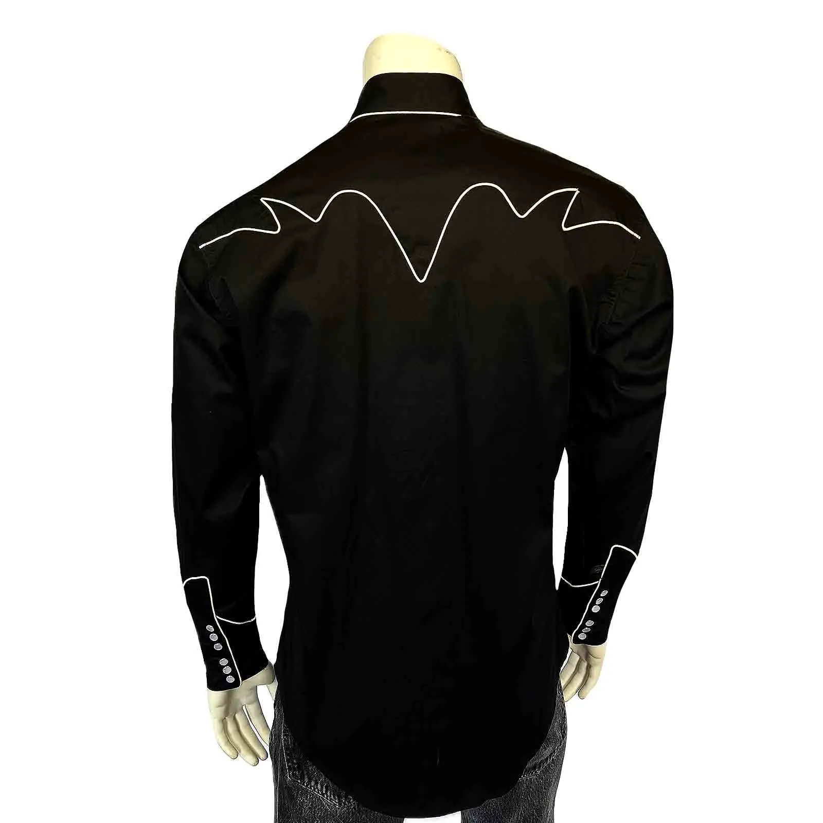 Men's Vintage Solid Black Western Shirt with Piped Lightning Yokes