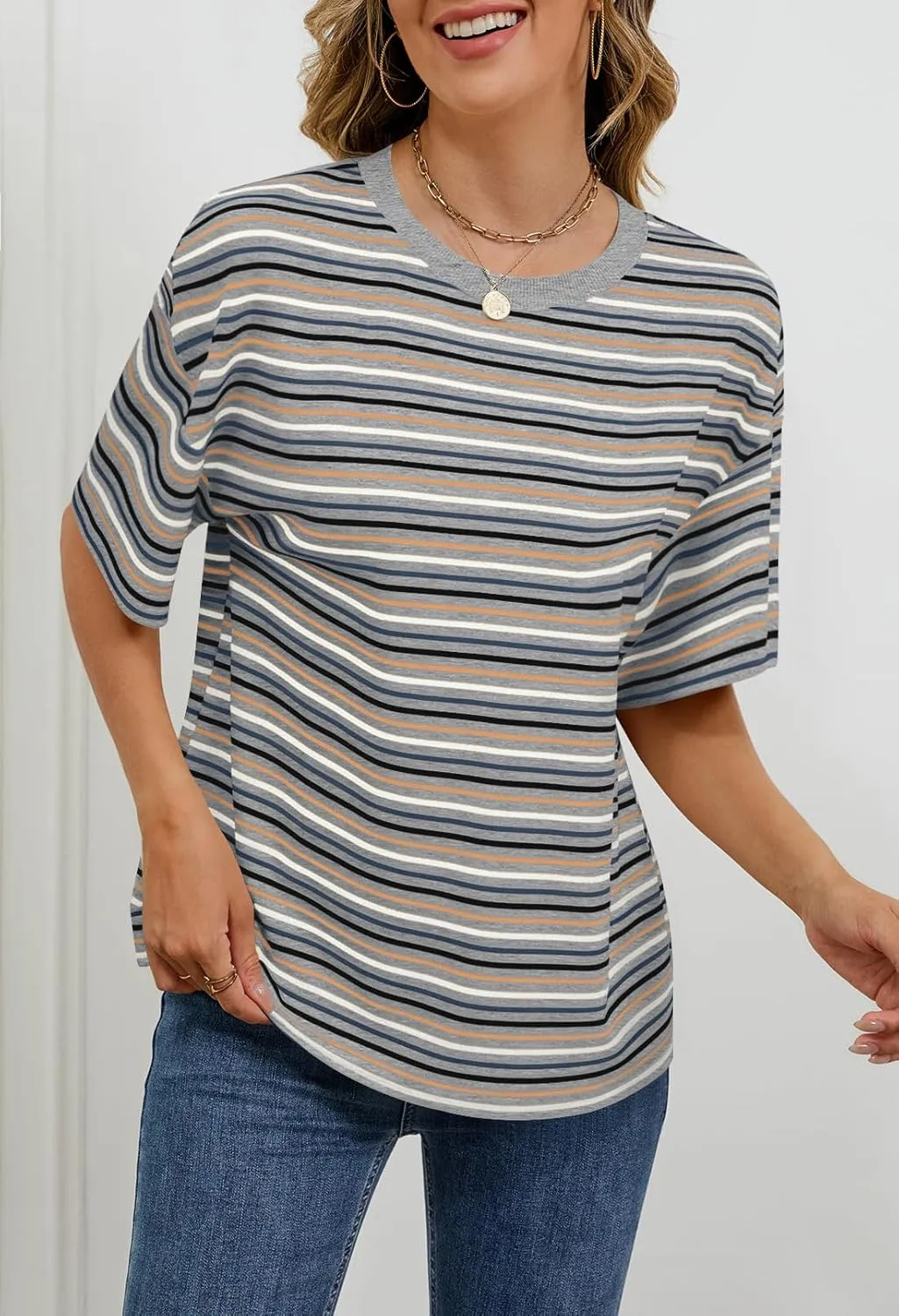 MEROKEETY Women's Summer Short Sleeve Shirt Casual Colourful Striped Crewneck Loose Tops Blouse