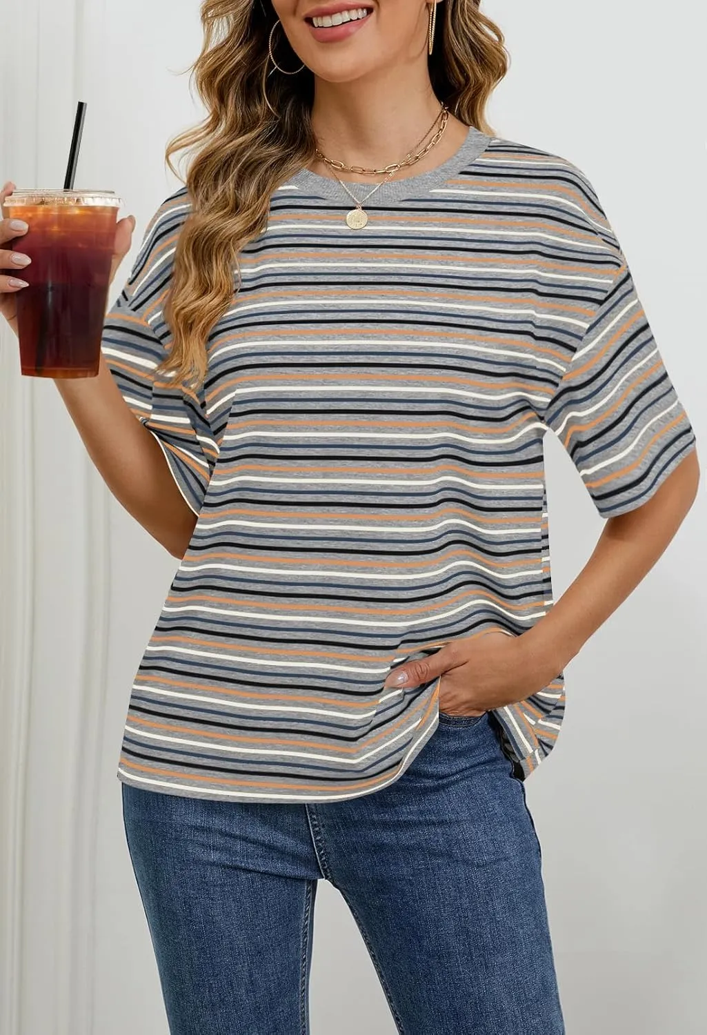 MEROKEETY Women's Summer Short Sleeve Shirt Casual Colourful Striped Crewneck Loose Tops Blouse