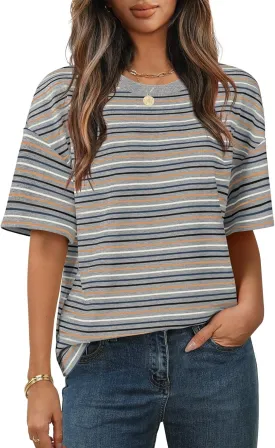 MEROKEETY Women's Summer Short Sleeve Shirt Casual Colourful Striped Crewneck Loose Tops Blouse