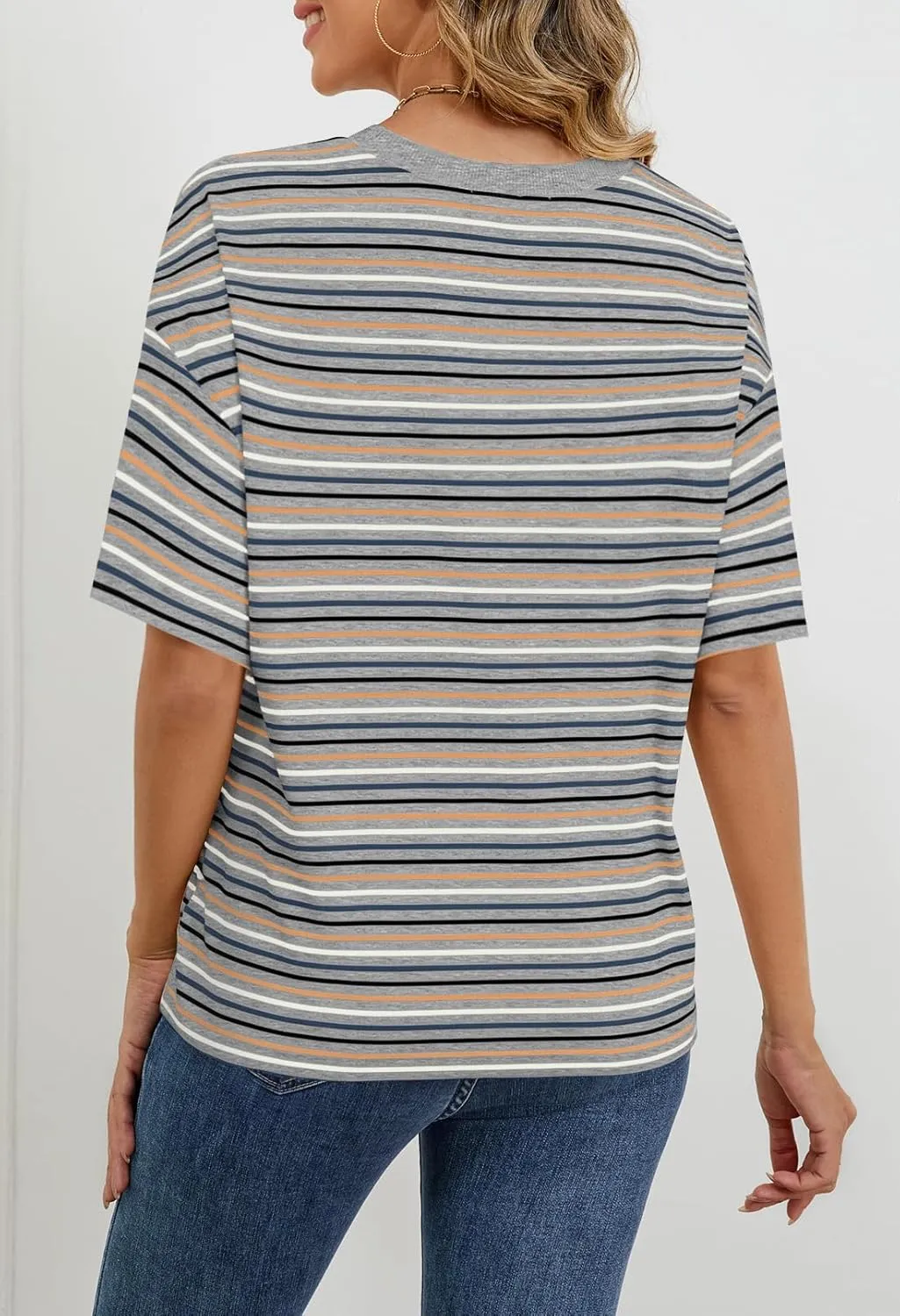 MEROKEETY Women's Summer Short Sleeve Shirt Casual Colourful Striped Crewneck Loose Tops Blouse
