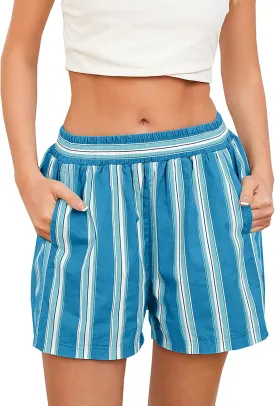 MISSACTIVER Women Striped Boxer Shorts Elastic High Rise Pajama Bottoms Casual Lounge Shorts with Pockets Sleepwear