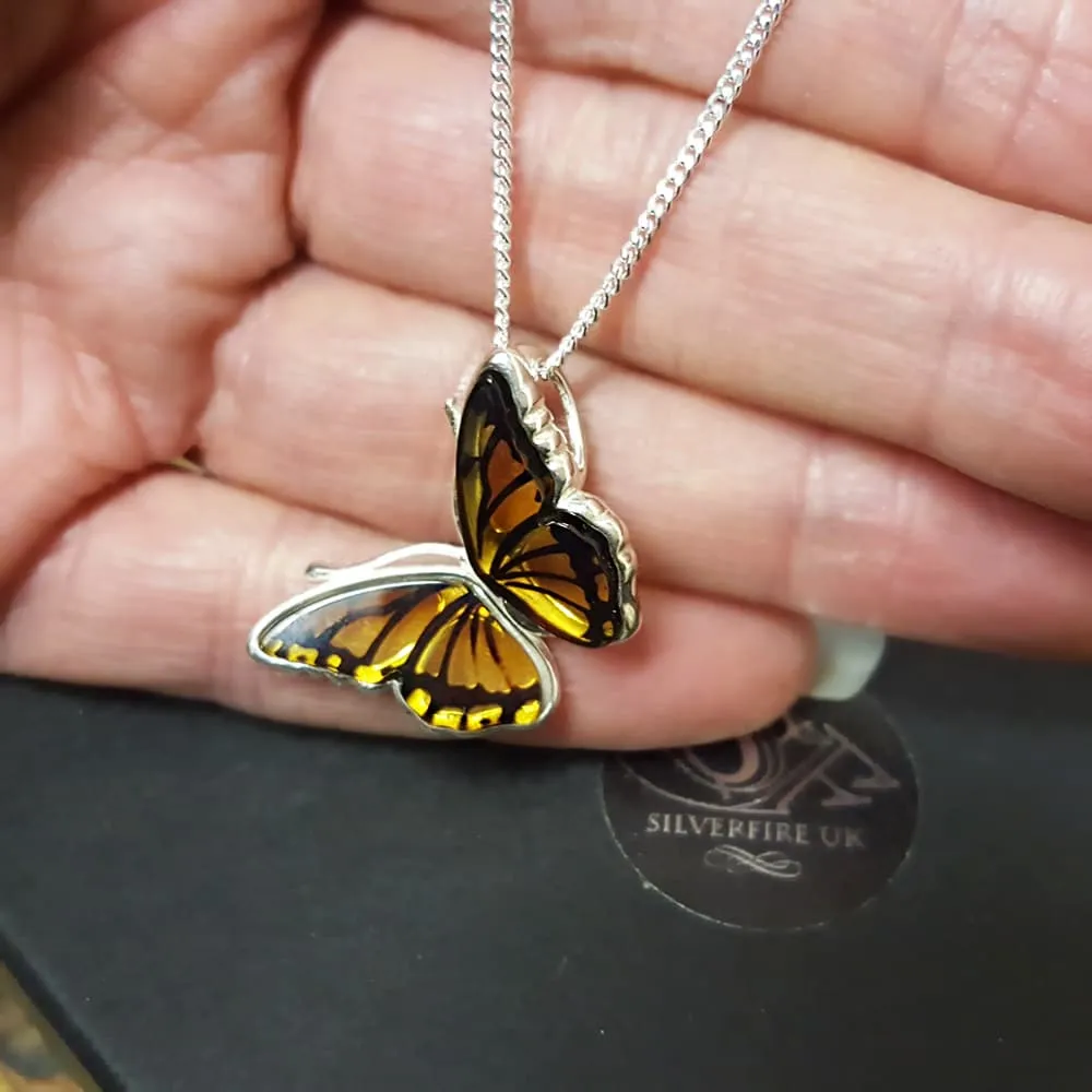 Monarch Butterfly Necklace, Amber and Sterling Silver Butterfly Necklace, Butterfly Jewellery