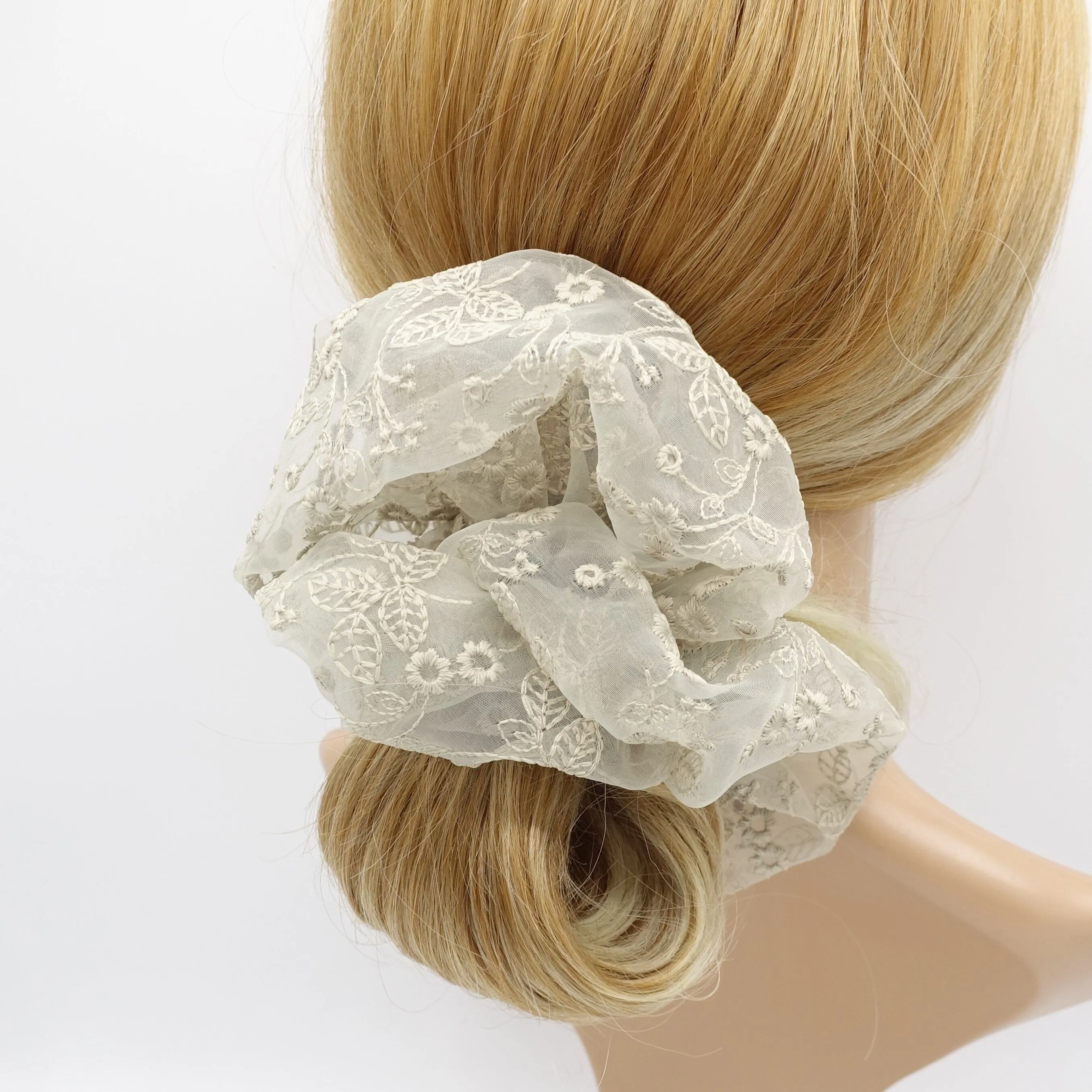 organza oversized scrunchies flower embroidered hair scrunchy for women