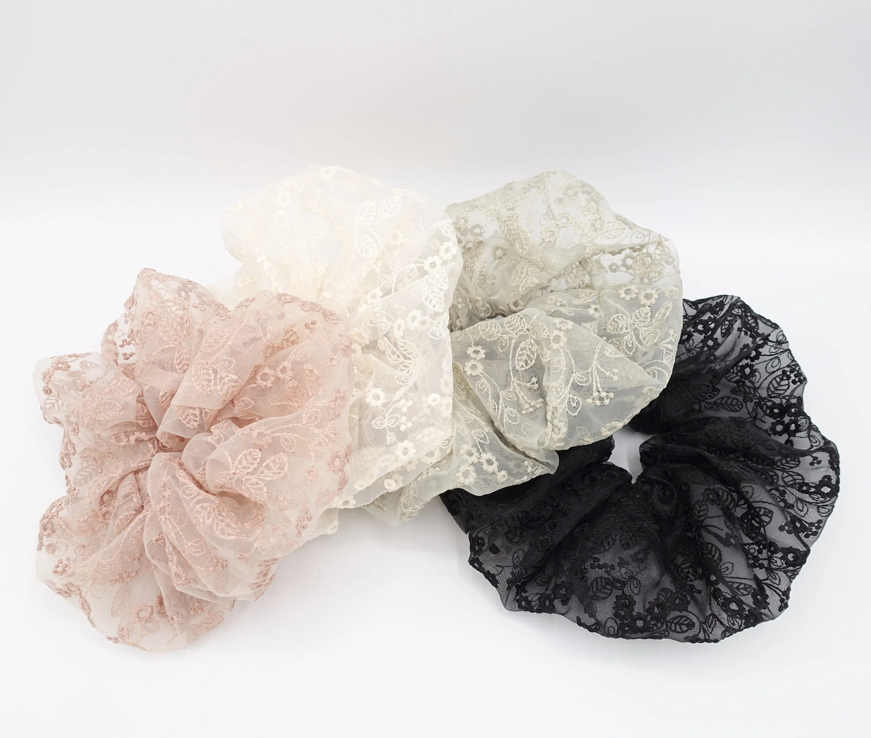 organza oversized scrunchies flower embroidered hair scrunchy for women
