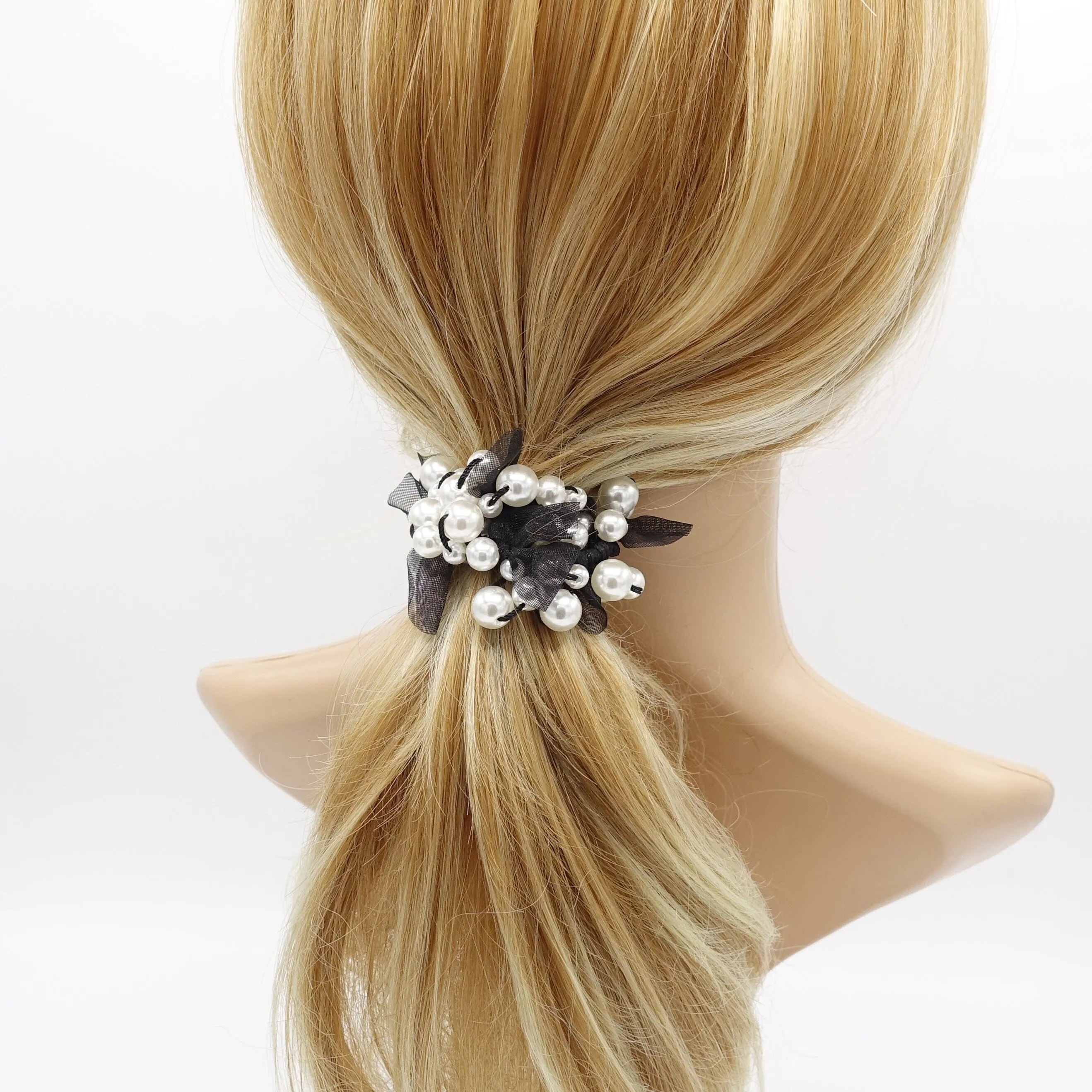 pearl chiffon bow knot scrunchies hair tie elastic accessory for women
