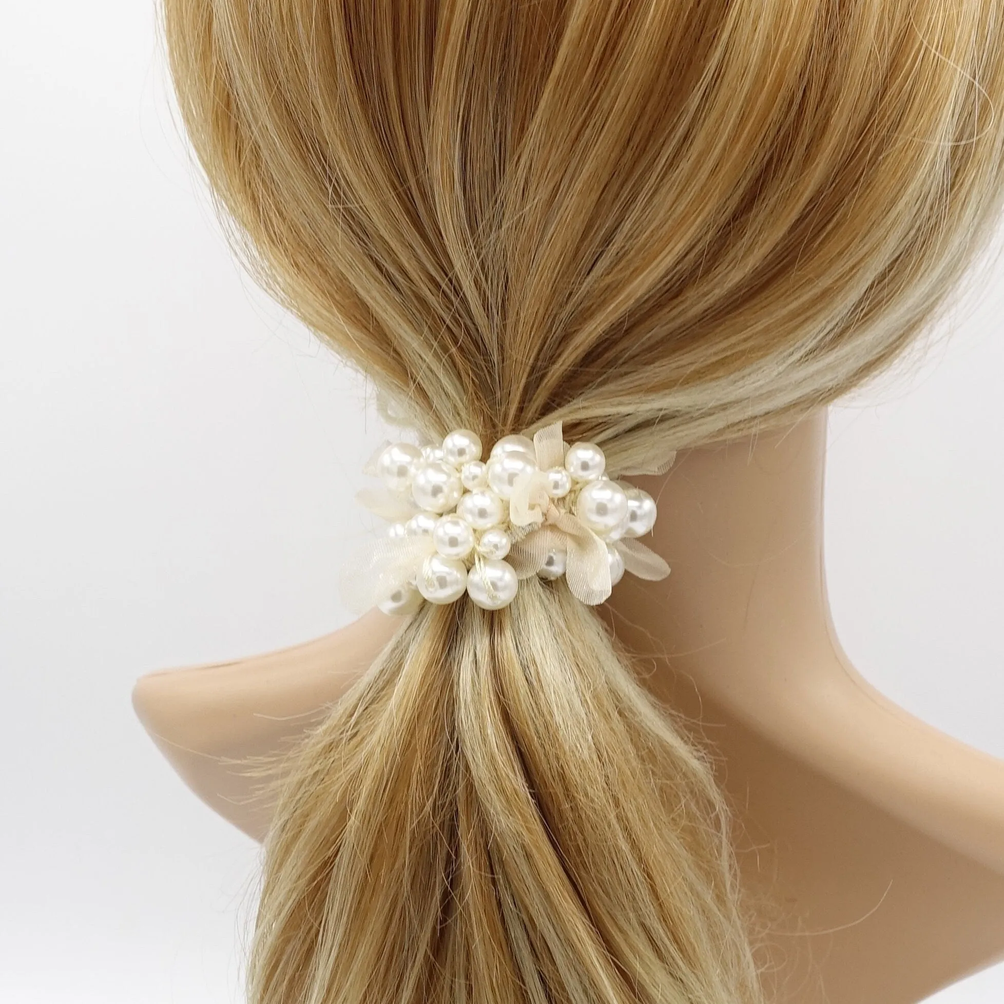 pearl chiffon bow knot scrunchies hair tie elastic accessory for women