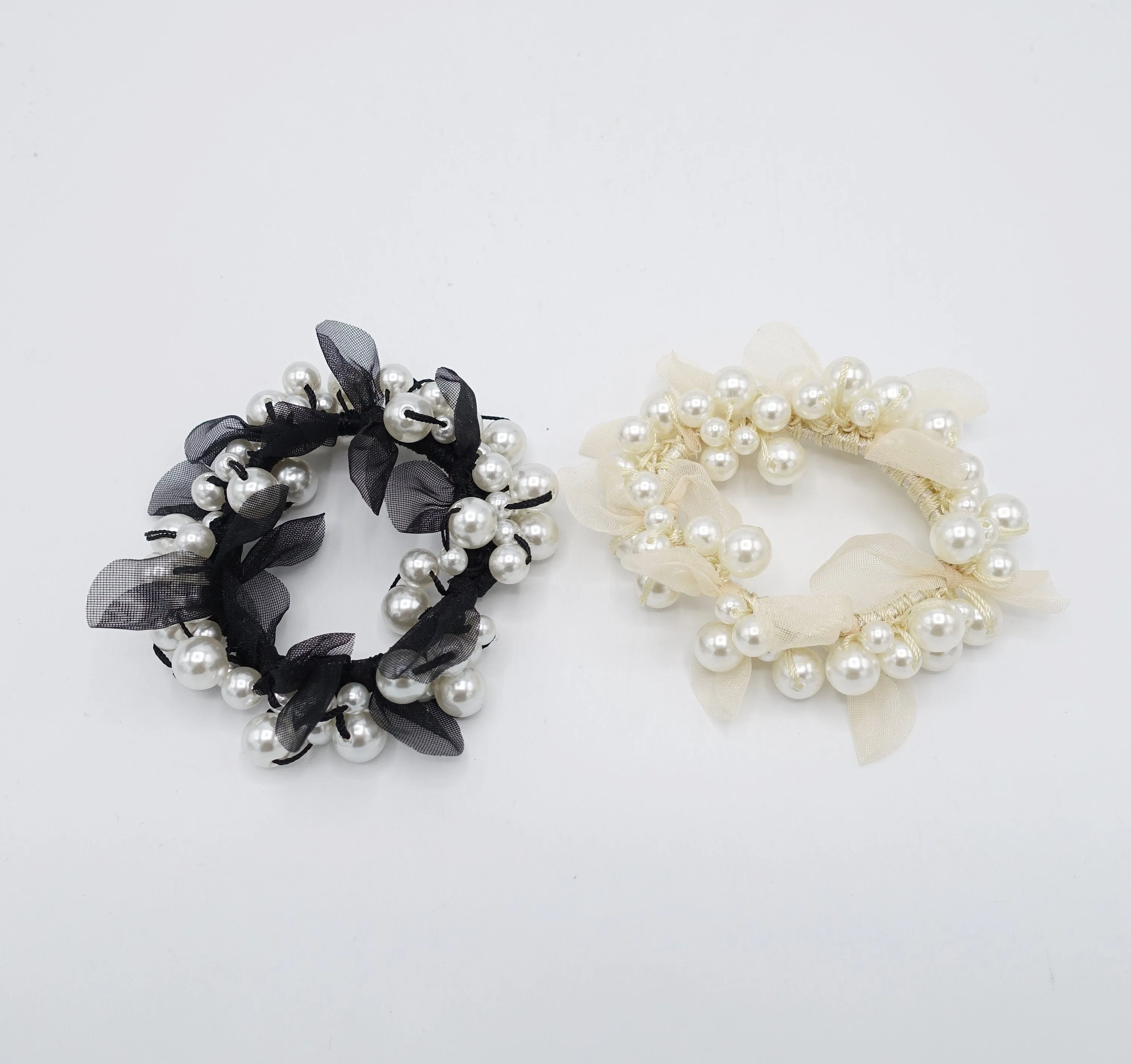 pearl chiffon bow knot scrunchies hair tie elastic accessory for women